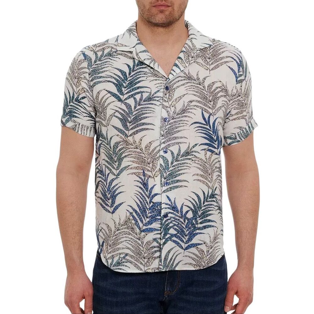 Robert Graham Men Mar Azul Cotton Cheetah Palm Leaf Button Up,Large
